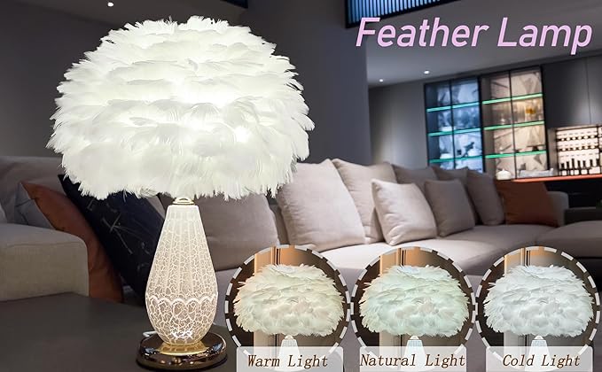 Pink Feather Lamp with Cracked Ice Glass Bottle & Gold Base, Dual Light 3 Color - Image 7