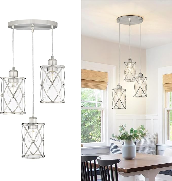 Brushed Nickel Dining Room Chandelier Light Fixture, 3-Light Pendant Lighting by Osimir