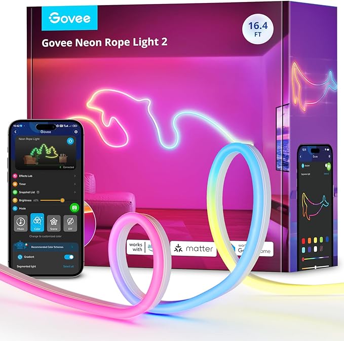 Govee RGBIC Neon Lights, LED Smart Neon Rope Light 2 Works by Govee