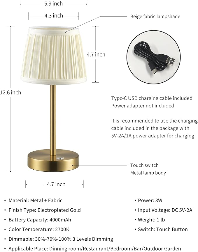 PUSU 2 Pack Cordless LED Gold Table Lamps, Rechargeable 4000mAh 3 Way Dimmable - Image 5