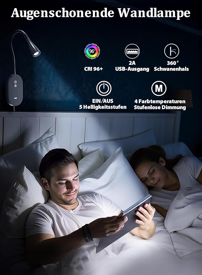 Wall Reading Light for Bed – 4 Color Modes, 5‑Level Dimmable Reading Lamp - Image 5