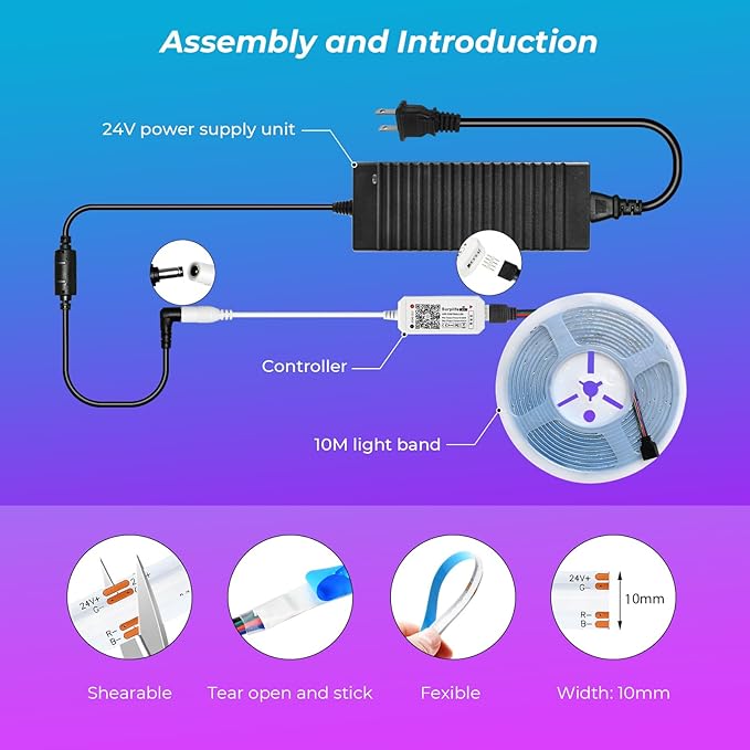 INDARUN RGB COB Led Light Strip 32.8ft, 24V Color Changing Led Strip Lights - Image 8
