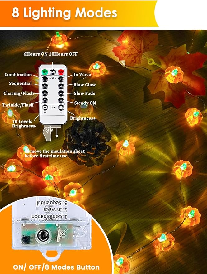 BOSSERN 2 Pack 60LED Thanksgiving Decoration 3D Pumpkin String Lights Battery - Image 4