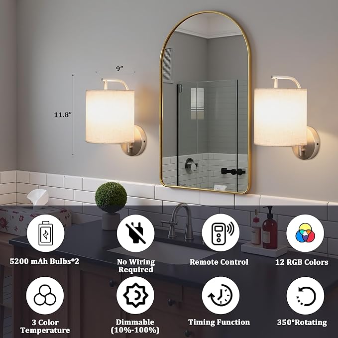 Rechargeable Battery Operated Wall Sconces Set of 2 Wireless Wall Lights - Image 6