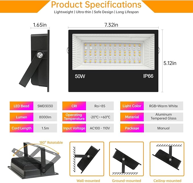 LED Flood Light Outdoor, 50W RGB Color Changing Smart Floodlights 2700K 5000LM - Image 7
