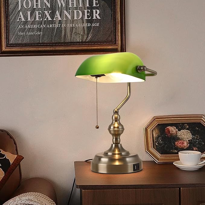 Green Glass Banker's Desk Lamp, Antique Banker Desk Lamps, Traditional Library - Image 5