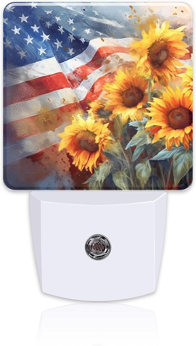 American Flag with Sunflowers Night Light Plug into Wall, Watercolor USA Flag by sndheke
