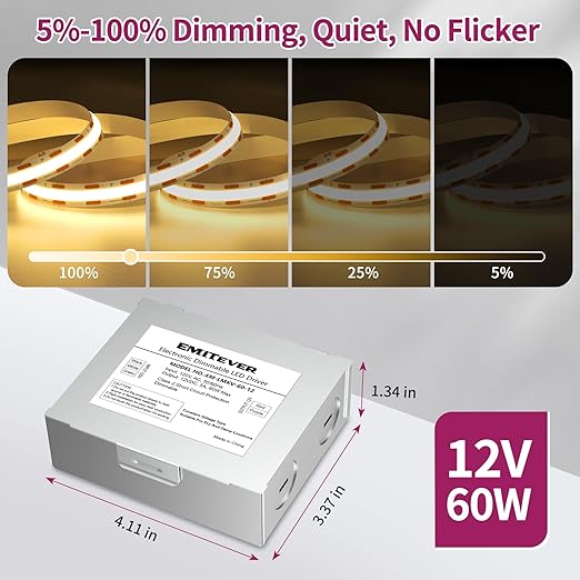 EMITEVER 60W 12V Dimmable LED Driver, Electronic Transformer, 120V AC to 12V DC - Image 2