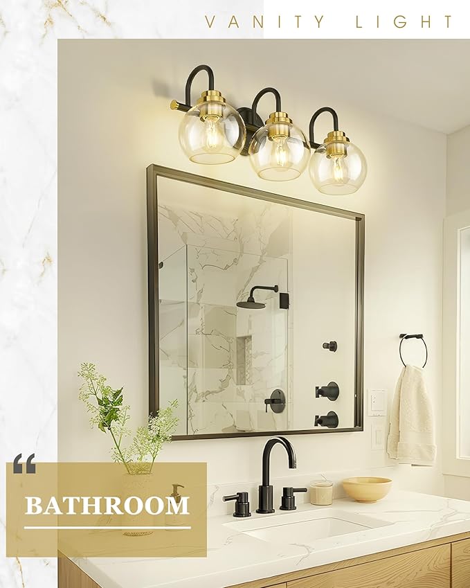 Bathroom Light Fixtures, 3-Light Black and Gold Vanity Lights - Image 4