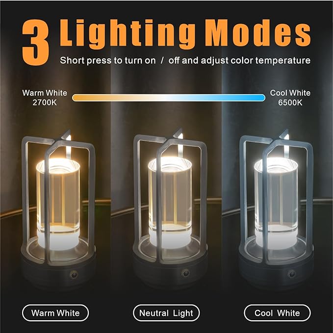 Rechargeable Table Lamp Cordless, 3 Color | Crystal | Stepless Dimming - Image 4