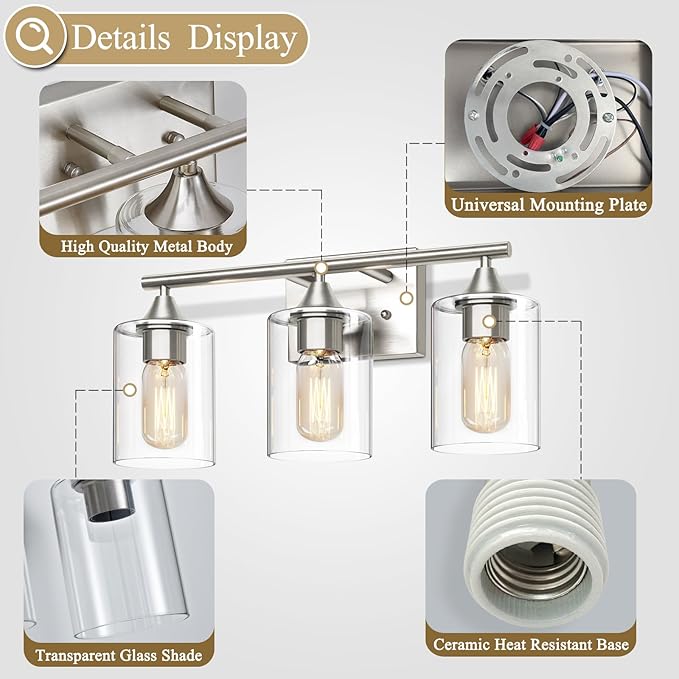 3-Light Bathroom Light Fixtures, Brushed Nickel Vanity Light, Modern Bathroom - Image 5