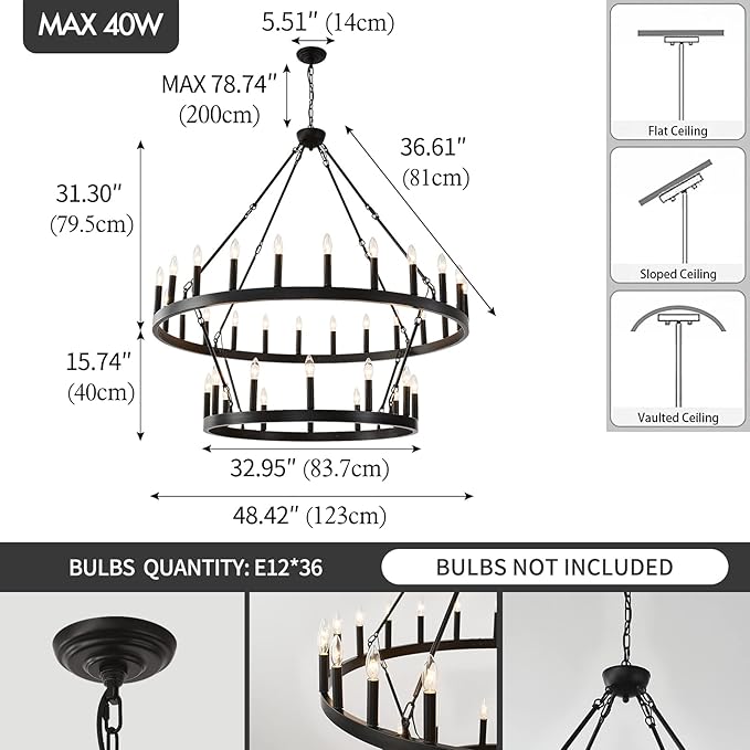 HHR 2 Tier Wagon Wheel Chandelier 36-Light 48 Inch, Extra Large Black Round - Image 5