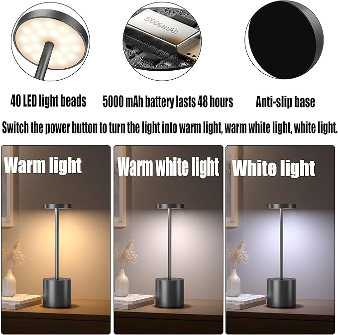 2Pack Cordless Table Lamp, Rechargeable LED Battery 5000mAh Metal USB Portable - Image 3