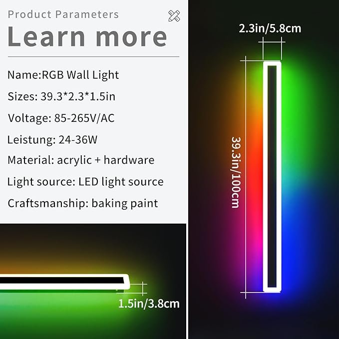 39inch Modern Long Wall lights Outdoor, 10 Colour Variations Dimmable Wall - Image 4
