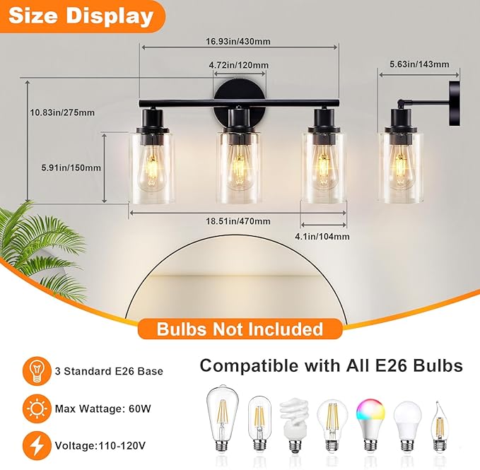 DLLT 3-Light Bathroom Light Fixtures: Set of 2 Black Modern Vanity Lights - Image 5