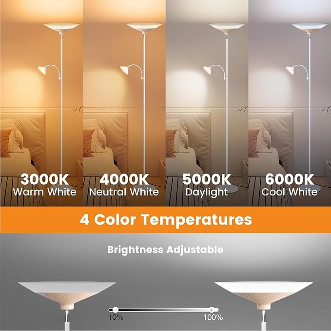 Torchiere Floor Lamp with Wood Grain Shade, 2-in-1 Floor Reading Lamp with - Image 3
