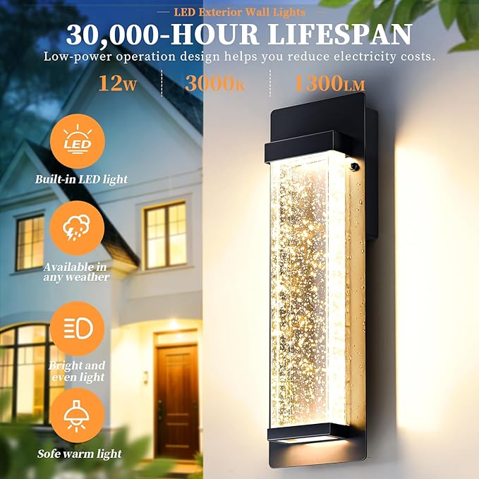 14" Bubble Glass LED Outdoor Wall Sconce Lights Exterior 2-Pack, Waterproof - Image 7