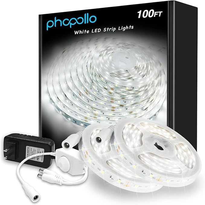 phopollo White LED Strip Lights, 100ft Dimmable 6500k Daylight White Led Light by Phopollo