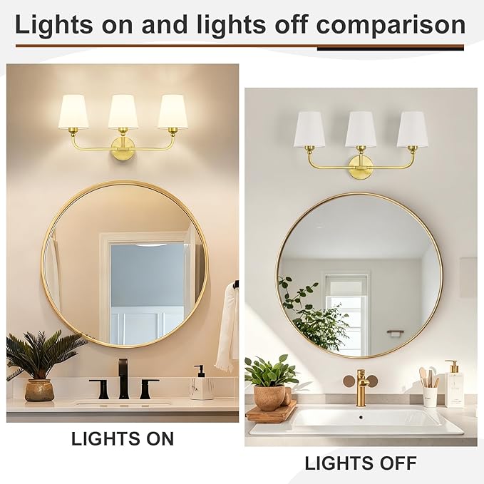 Brushed Gold Bathroom Light Fixtures, 3-Light Vanity Lights, Bathroom Lighting - Image 6