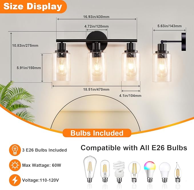 DLLT 3-Light Bathroom Light Fixtures: Black Modern Vanity Lights - Image 6
