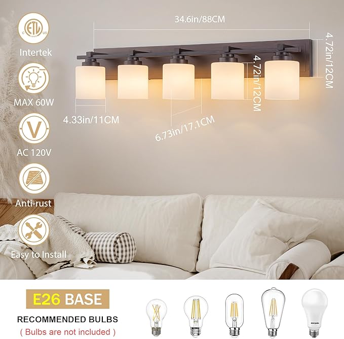 5 Light Modern Bathroom Light Fixtures Over Mirror, Bronze Finish Vanity Lights - Image 5