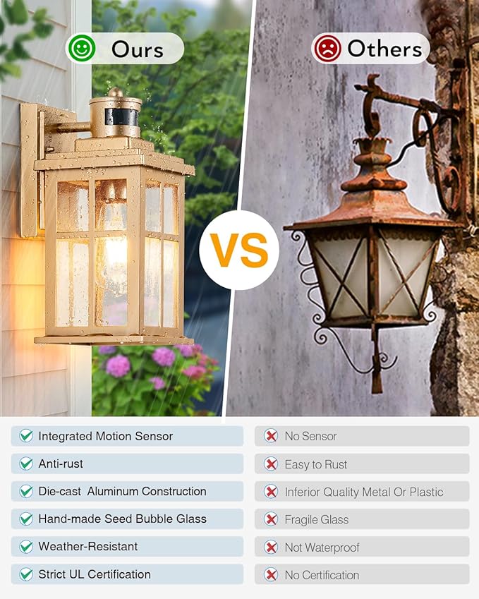 VIANIS 2 Pack Motion Sensor Outdoor Wall Lights, Modern Gold Exterior Garage - Image 5
