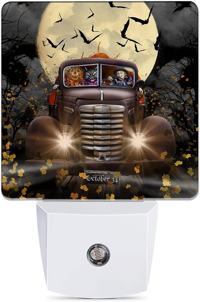 Halloween Truck Night Light, Witch Cat Pumpkin Night Lights Plug into Wall by JOPOWIDE