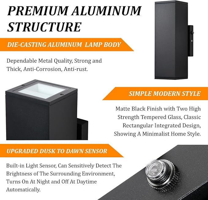 Dusk to Dawn Outdoor Lighting Sensor Porch Lights 2 Packs, 12W 2700K Integrated - Image 2
