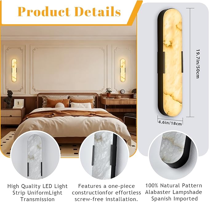 2 Pack Alabaster Wall Sconces 20" Black Modern Vanity Wall Lights - Image 2