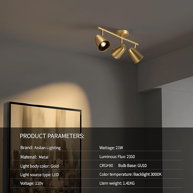 Aisilan LED 3-Light Track Lighting Fixtures Ceiling, Brushed Gold GU10 Track - Image 5