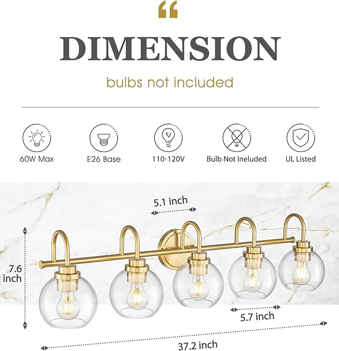 Bathroom Light Fixtures, 5-Light Brushed Gold Vanity Lights - Image 2