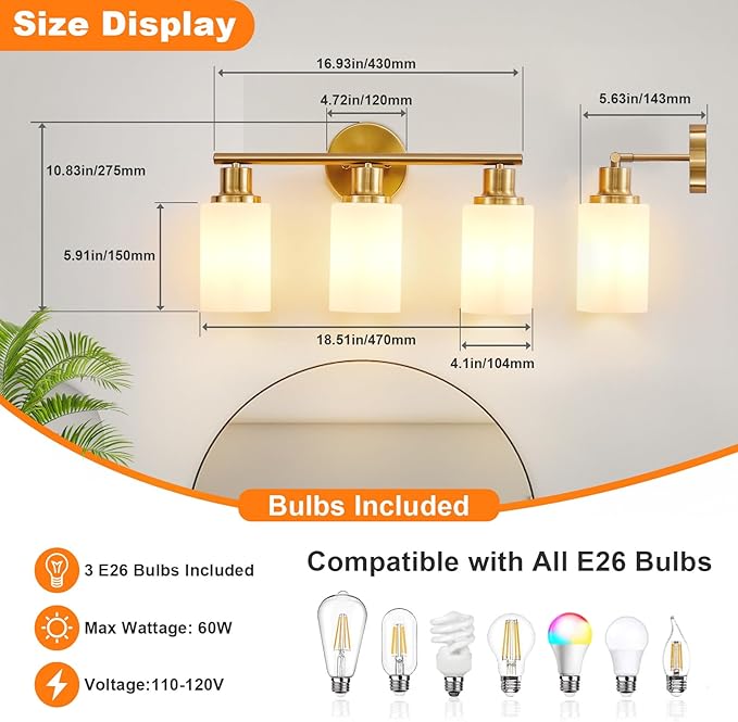 DLLT 3-Light Bathroom Light Fixtures: Gold Modern Vanity Lights - Image 6