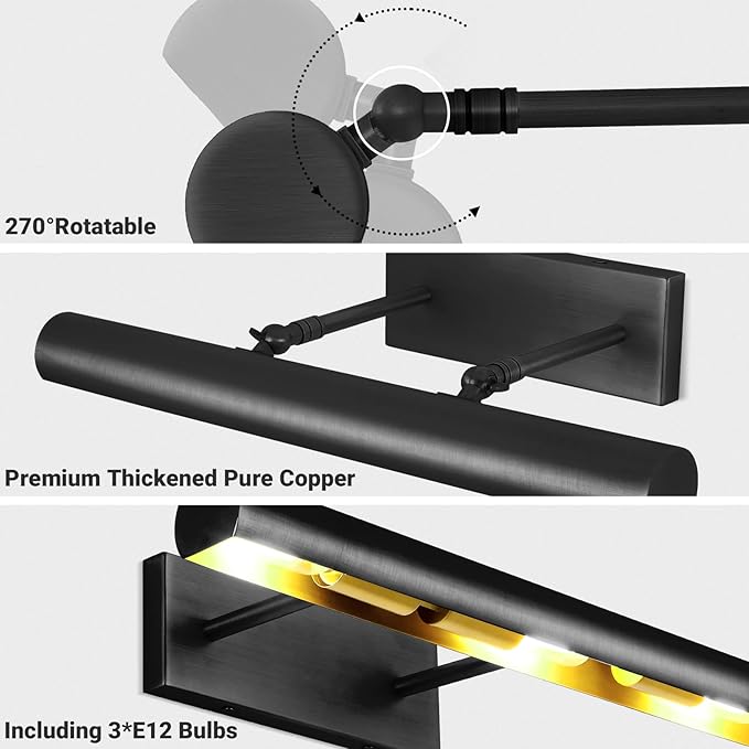 Black Picture Light, 18inch Hardwired Picture Lights, Rotatable Picture Lights - Image 3
