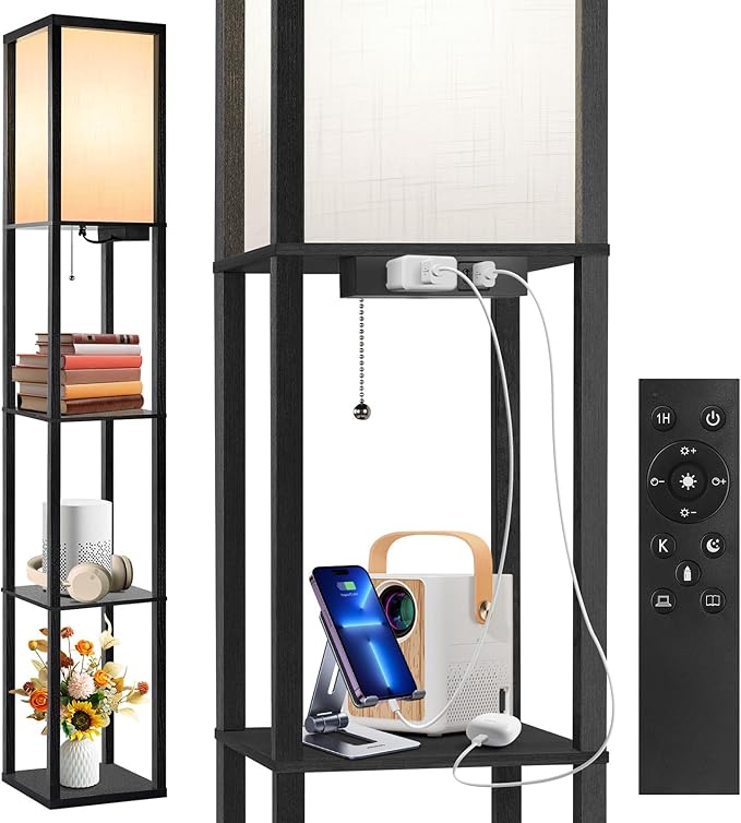 OUTON Floor Lamp with Shelves, Dimmable Shelf Floor Lamp with Remote, 1USB & 1 by OUTON