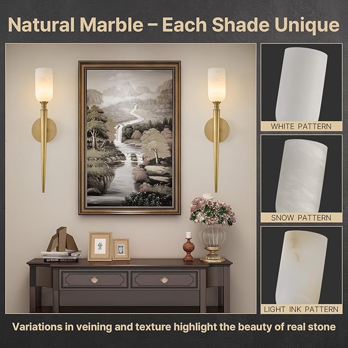 Vintage Alabaster Brass Wall Sconce: Set of 2 Antique Spanish Natural Marble - Image 6