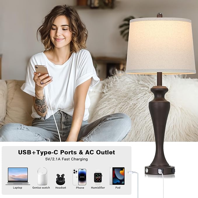 30" Brown Table Lamps Set of 2, 3-Way Touch Control Bedside Lamp - Image 3