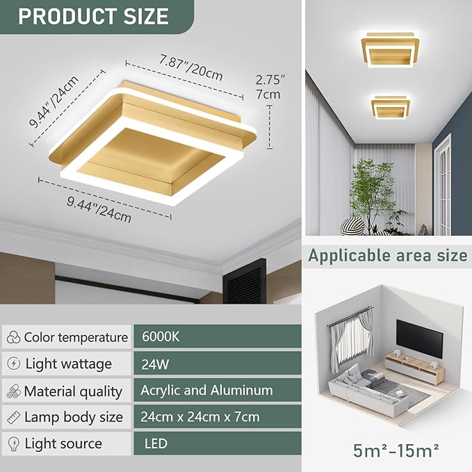 CANEOE 2 Packs Square Modern LED Light Fixture, 24W Black Flush Mount Hallway - Image 6