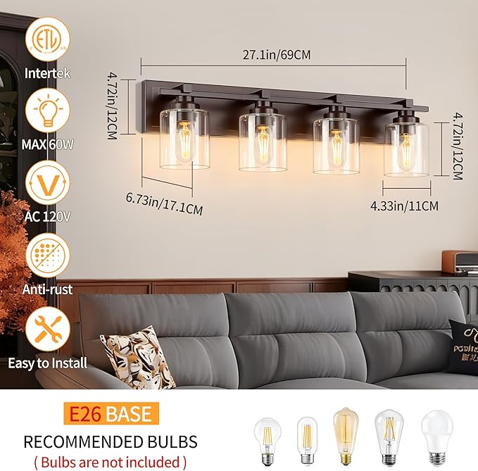 4 Light Modern Bathroom Light Fixtures Over Mirror, Bronze Finish Vanity Lights - Image 5