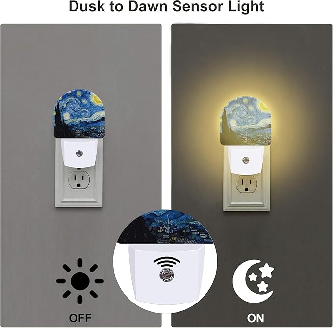 Starry Night Night Light Plug into Wall, Impressionist Oil Painting Dusk to - Image 3