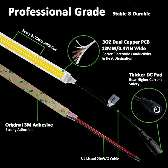 JOYLIT 24V COB LED Strip Lights 3000K Warm White Dual Row 16.4ft 920LM/FT Ultra - Image 2