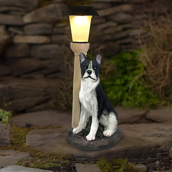 Solar Dog Garden Statues with Lantern, Resin Boston Terrier Sculpture with Warm - Image 7