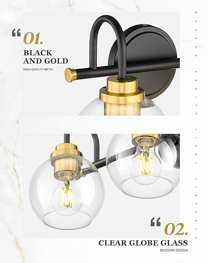 Bathroom Light Fixtures, 2-Light Black and Gold Vanity Lights - Image 3