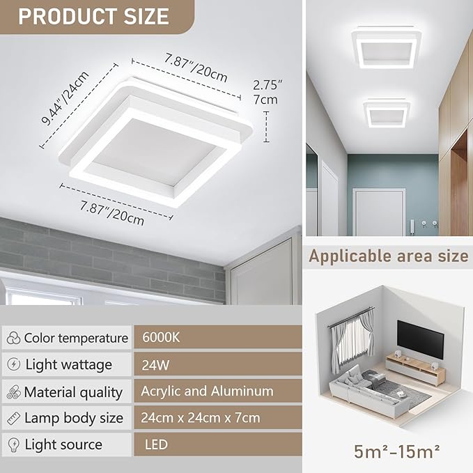 CANEOE 3 Packs Square Flush Mount Ceiling Light, 6000K Black Modern LED Ceiling - Image 6