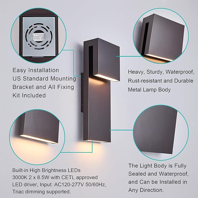 Modern Outdoor Indoor Integrated LED Wall Sconce, 2-Light Total 17W, Bronze - Image 8
