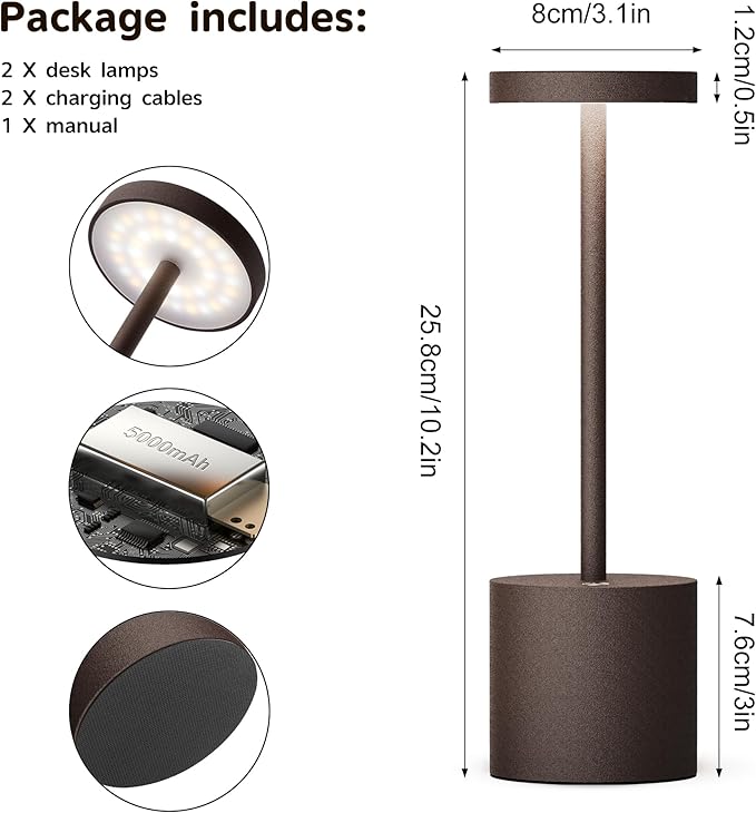 2Pack Cordless Table Lamp, Rechargeable LED Battery 5000mAh Metal USB Portable - Image 7