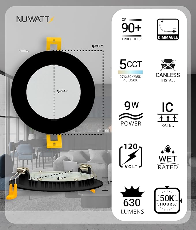 NUWATT 6 Pack, 4 Inch Ultra-Thin LED Recessed Lighting Black, 5CCT - Image 2