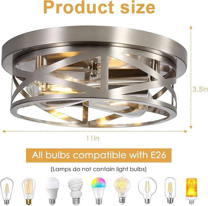Close to Ceiling Light Fixtures, 2-Light Brushed Nickle Flush Mount Ceiling - Image 3