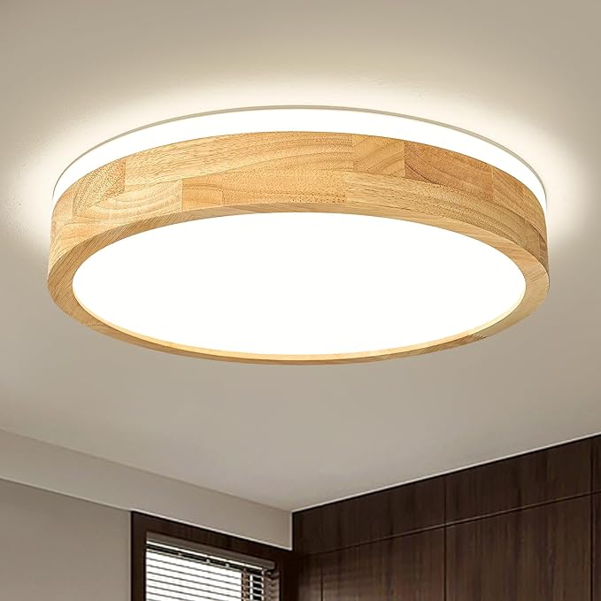 Modern Dimmable Wood Flush Mount Ceiling Light, 2700K-6000K 5CCT Round Close to by Pevfah