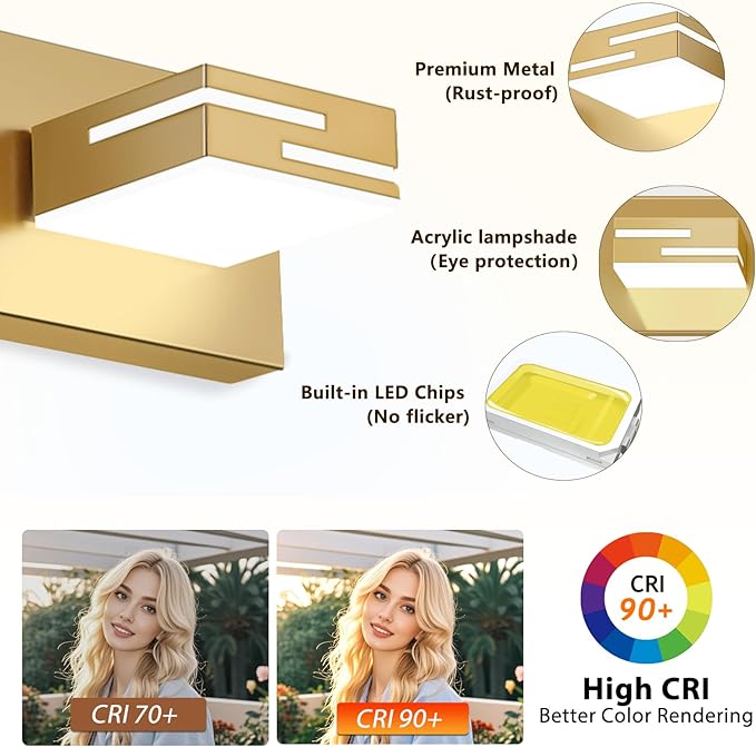 LED Modern Bathroom Vanity Light Fixtures, 3-Light 22-inch Dimmable Gold Vanity - Image 2