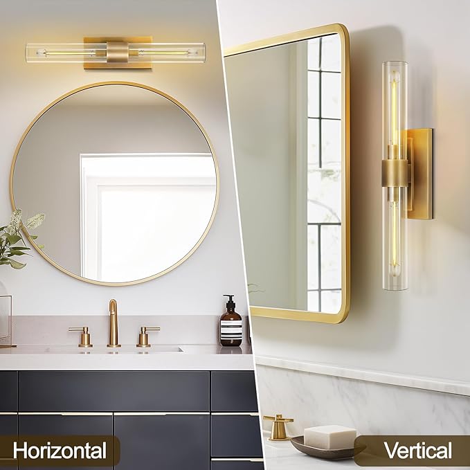Brass Bathroom Vanity Wall Sconces, 2-Light Glass Tube Wall Sconces, 24 Inch - Image 3